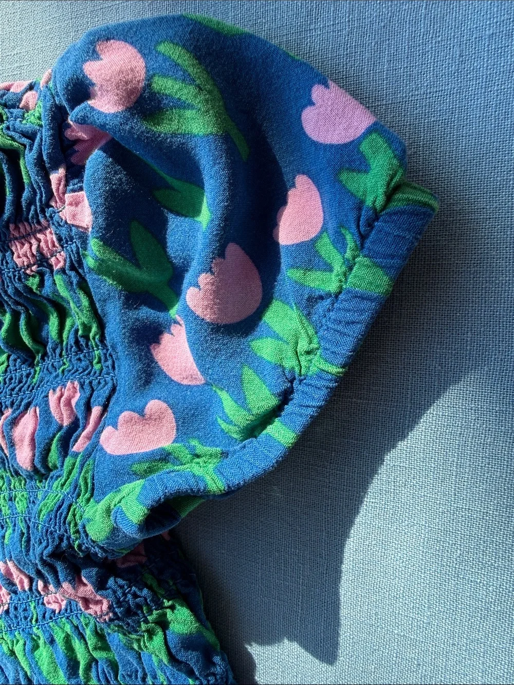 Hanna Andersson Blue Tulip Smocked Dress with Pink & Green Print
